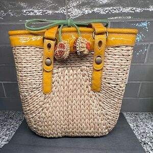 Lucky Brand Corn Husk Tote Bag with Yellow Leather Trim and Flower Tassel ~ Boho